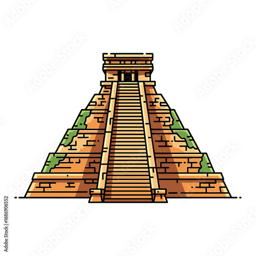 Illustration of a detailed ancient Mayan pyramid with central staircase.