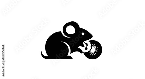 Black silhouette icon of a mouse eating a kiwi fruit.
