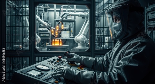 Technician wearing full protective gear operates remote controls to manage the isotope production process inside a fully enclosed hotcell.