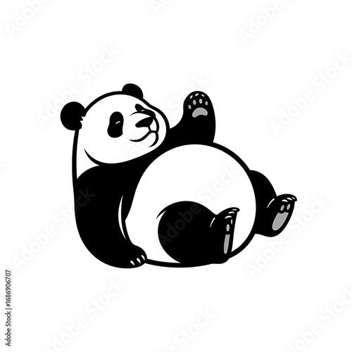 Cartoon panda bear lying on its back, waving with one paw, in a simplified black and white illustration.