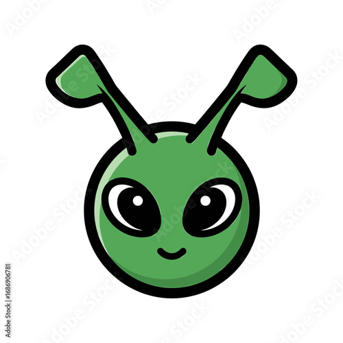Cartoon illustration of a friendly green alien face with large eyes and antennae.
