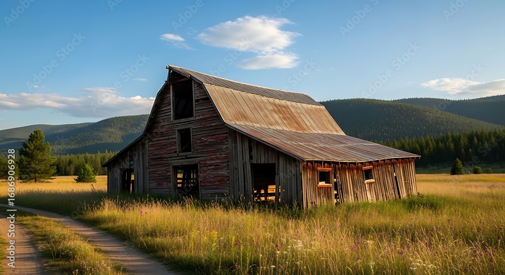 Fototapeta premium Rustic Barn with Mountain Meadow Sunset. (1)