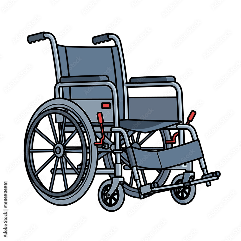 Fototapeta premium Illustration of a gray wheelchair with black outlines on a white background.