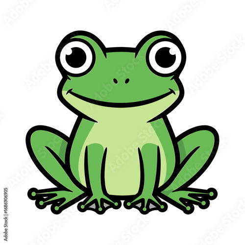 Cartoon illustration of a green frog with large eyes, sitting and looking forward.