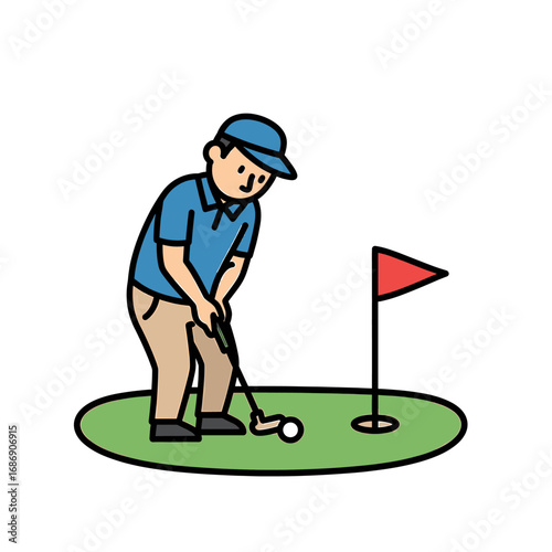 Cartoon illustration of a golfer preparing to putt on a miniature golf course.