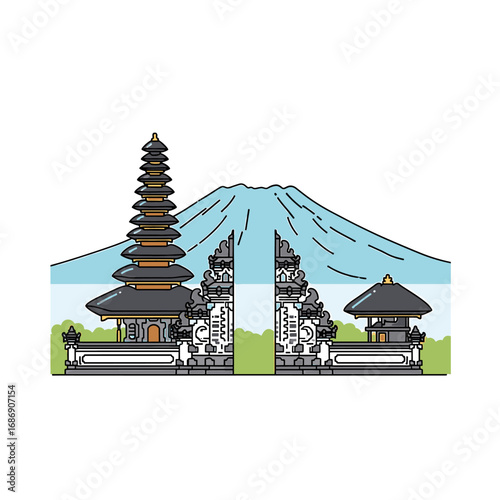 Balinese temple architecture with Mount Agung backdrop.