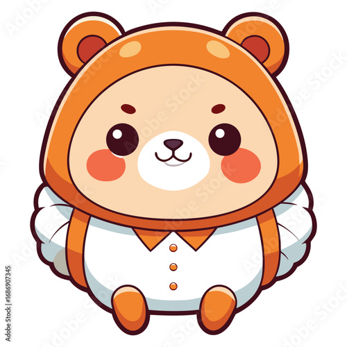 A cute brown teddy bear cartoon holding a heart with a flower and a smiling face