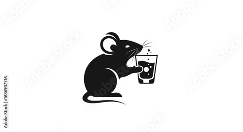 Simple black silhouette of a mouse drinking a beverage.