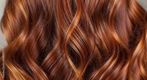 Wavy auburn hair texture closeup.