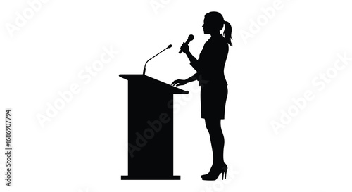 a woman speaking at podium with microphone silhouette