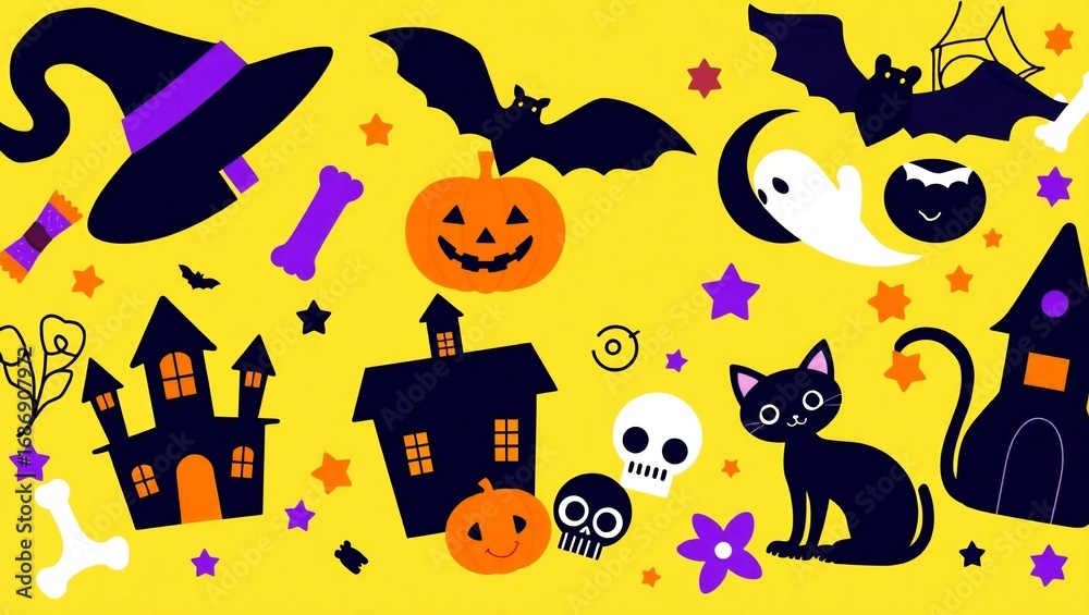 Fototapeta premium Whimsical halloween illustration with pumpkins bats cats and haunted houses
