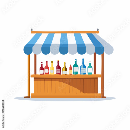 Cartoon Market Stall with Bottles. Drinks Stand with striped Awning in Vector