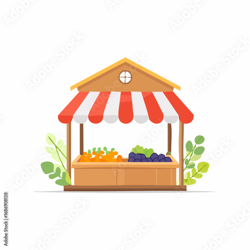 Illustration of a farmers market stand showcasing fresh produce in a bright and cheerful setting