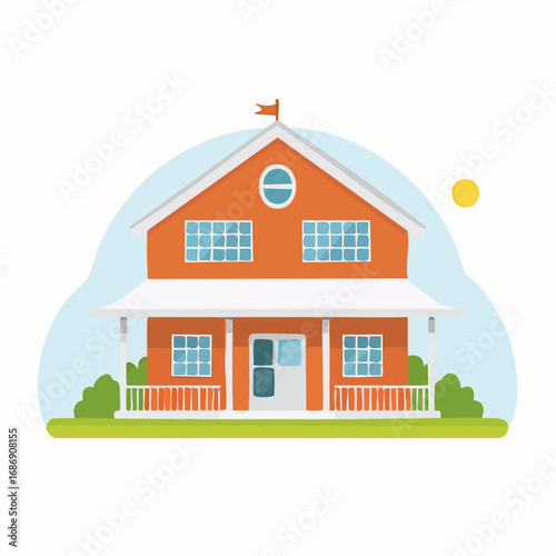 Illustrated orange house with white porch, flagpole, and sun with green grass