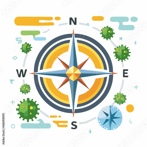 Global virus pandemic concept with a compass navigating the worldwide spread of disease