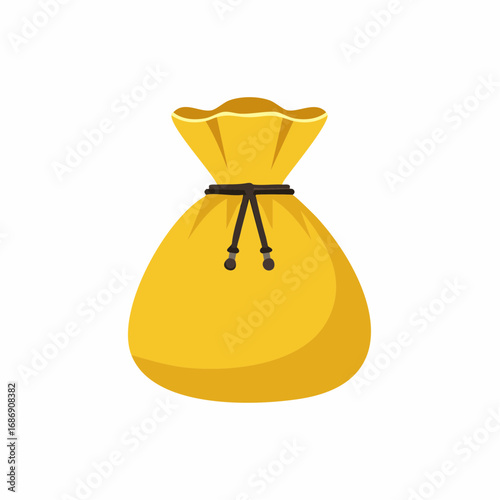 Cartoon Golden Bag with Drawstring Closure Isolated on White Background. Sack or Pouch for Holding Treasure