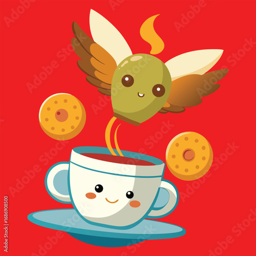 Cute baby bunny with an easter egg beside a cup of tea