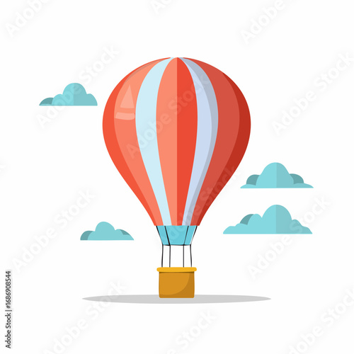 Striped Hot Air Balloon Floating with Blue Clouds