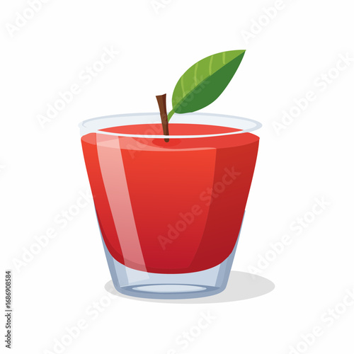 Fresh red apple juice in a glass with stem and leaf, vibrant color, healthy beverage illustration, refreshing drink