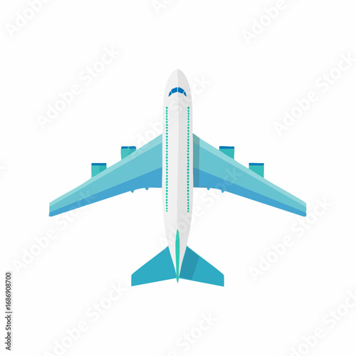 Modern passenger jet airplane viewed from directly above with wings spread