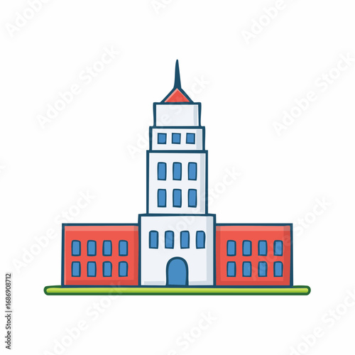 Simple university building facade with tower and windows in cartoon style illustration Architecture and Cityscape Design