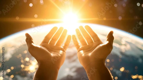 Hands raised to heaven over earth