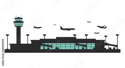 airport scene with planes taking off and landing