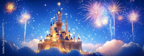 Enchanted Castle Illuminated by Fireworks at Night