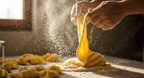 Hands stretch pasta dough amid a cloud of flour on a floured surface near shaped pasta bathed in soft window light