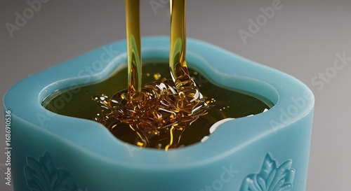 Two streams of golden liquid fill a blue leafpatterned container resting on a gray surface