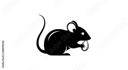 Simple black silhouette of a mouse eating a seed.
