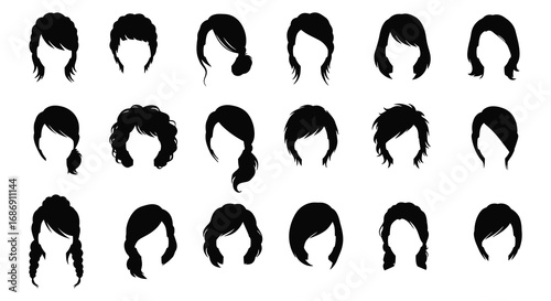 various hairstyles silhouettes displayed in grid formation