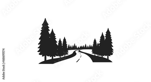 a winding road surrounded by tall trees in silhouette