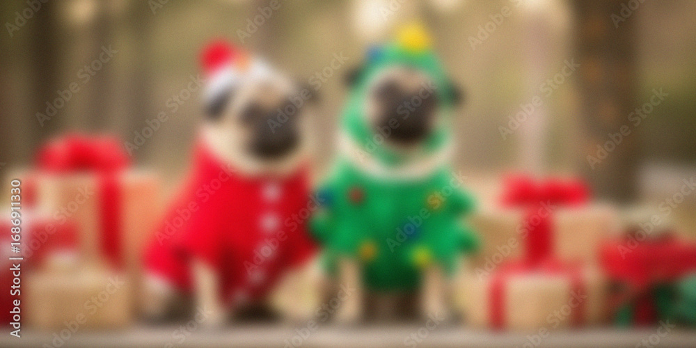 Naklejka premium Cute Christmas Holiday Puppies in Festive Santa Costumes Blurred Background for Seasonal Greeting Cards and Decorations