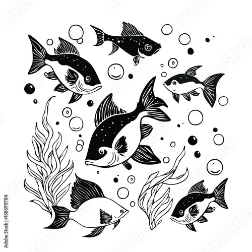 Underwater Scene with Stylised Fish, Seaweed, and Air Bubbles. Hand-Drawn Black Line Silhouette Illustration