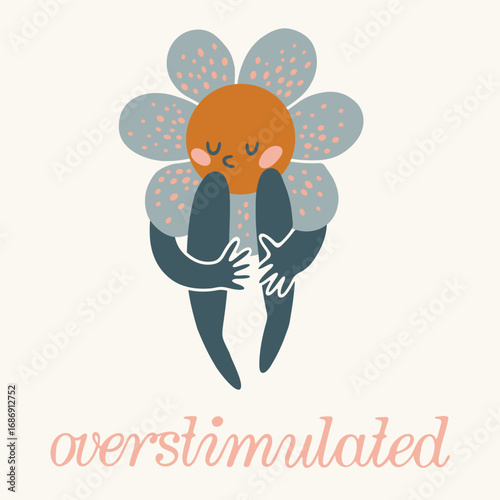 Overstimulated Flower Head Character Hugging Knees, Emotional and Introverted Concept Art, Quiet and Sensitive Mental Health Illustration