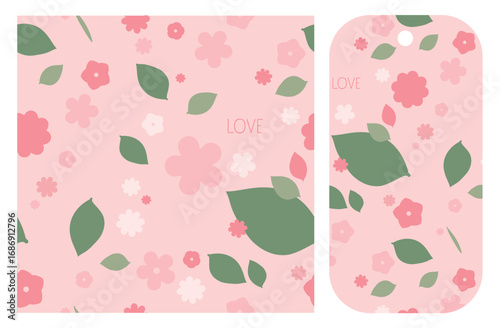 Illustration vectorielle de fleurs et feuilles dans des tons roses et verts, avec le mot « love ». Motif délicat et romantique, idéal pour fonds, cartes, textile, scrapbooking et décoration.