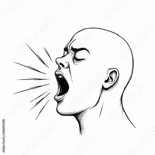 Detailed line art of a person yawning with motion lines depicted  