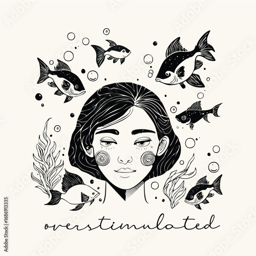 Overstimulated Girl Underwater with Fish – Quiet Mind Illustration for Introverts or Overstimulated Mom, Tired Mom