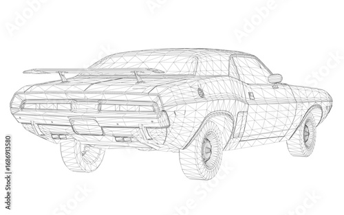 Car wireframe model on a white background, showcasing realistic 3D design and vintage automotive details.