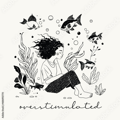 Overstimulated Girl Floating Underwater with Headphones and Fish – Emotional Illustration of Sensory Overload and Calm Escape
