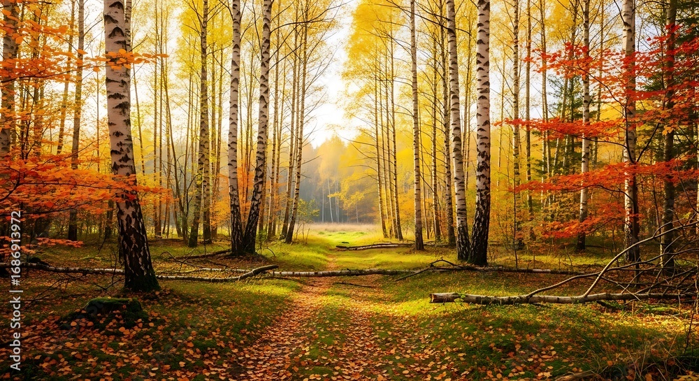 Fototapeta premium Autumn Birch Forest Path.