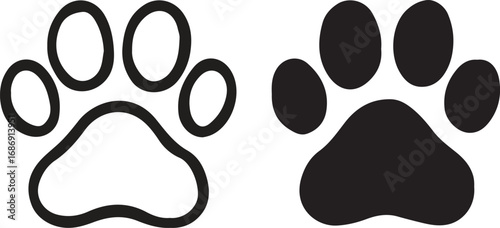 Two stylized dog paw prints one outline one solid for pet related designs white background