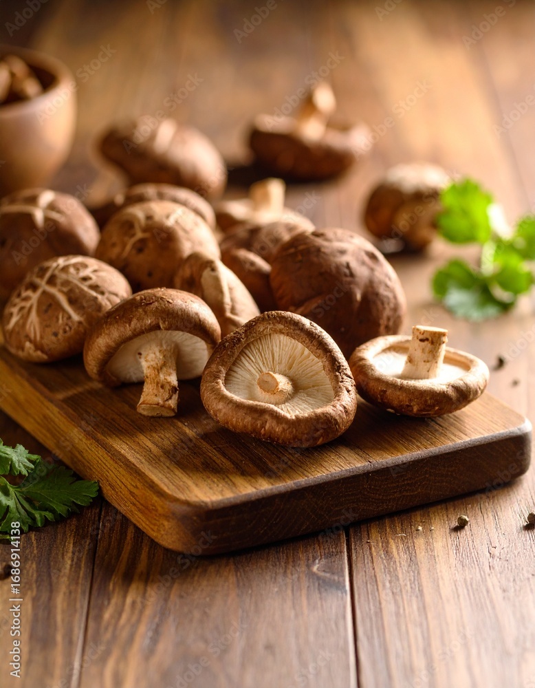 Fototapeta premium Fresh Shiitake mushroom in white background, aesthetic mushroom product, healthy food, slicing shiitake mushroom