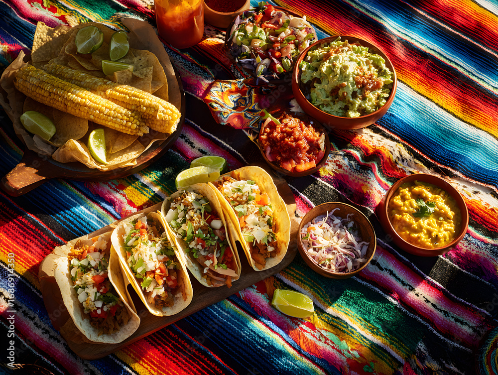Fototapeta premium Vibrant Mexican Fiesta: Tacos, Corn, Guacamole, and Salsas on Colorful Serape Blanket