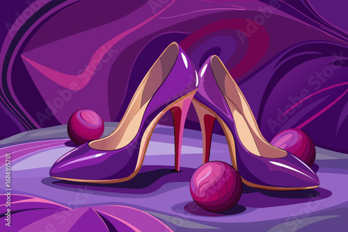 vector of Beautiful purple stilettos sitting atop a plum velvet background with a subtle sheen.