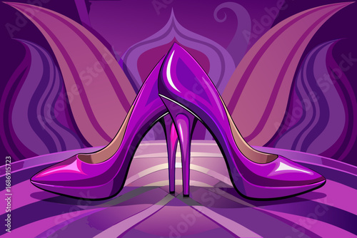 vector of Beautiful purple stilettos sitting atop a plum velvet background with a subtle sheen.