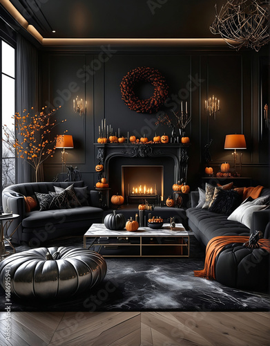 Modern dining room interior design with black and orange sofa and luxurious lighting. Halloween image. Jack-o'-lantern.黒色とオレンジを基調としたソファと豪華な照明があるモダンなダイニングルームのインテリアデザイン。ハロウィンのイメージ。ジャックオランタン。