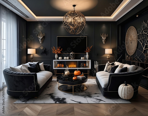 Modern dining room interior design with black and orange sofa and luxurious lighting. Halloween image. Jack-o'-lantern.黒色とオレンジを基調としたソファと豪華な照明があるモダンなダイニングルームのインテリアデザイン。ハロウィンのイメージ。ジャックオランタン。