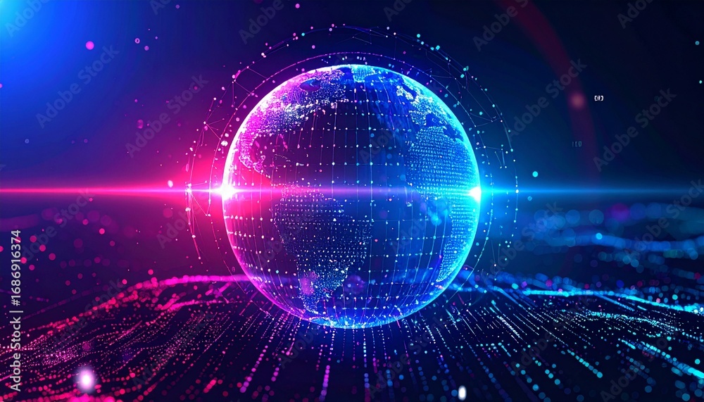 Obraz premium An eye-catching digital rendering of a planet Earth illuminated by vibrant blue and pink light